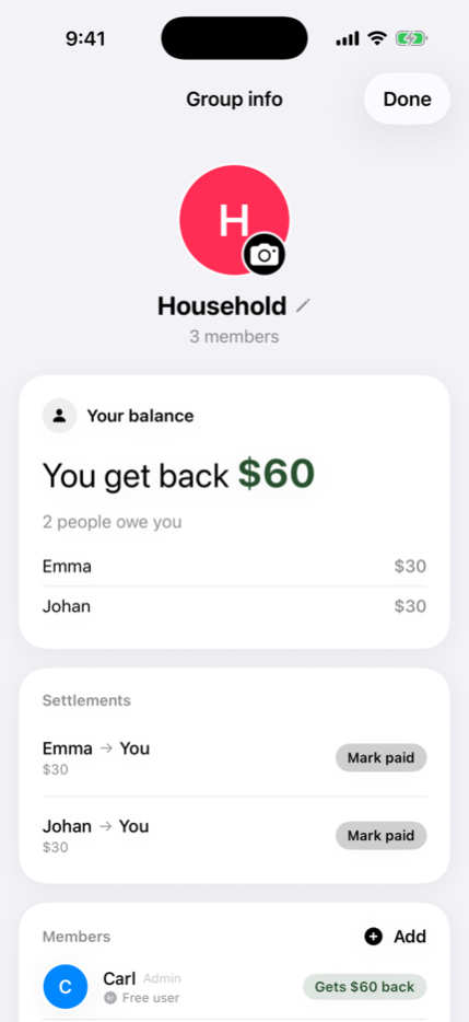 A shared household list with balances