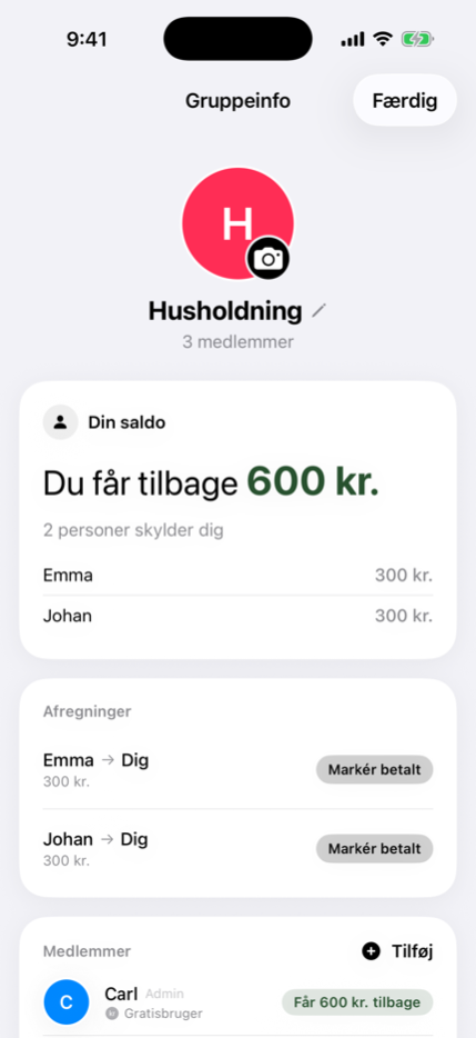 En delt husholdningsliste med saldi