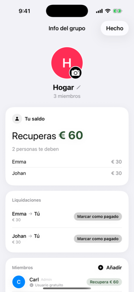 Una lista del hogar compartida con saldos