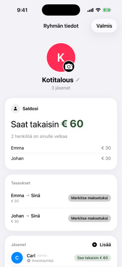 Jaettu kotitalouslista saldoineen