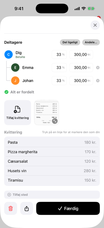 En indlæst kvittering med hver linje aflæst