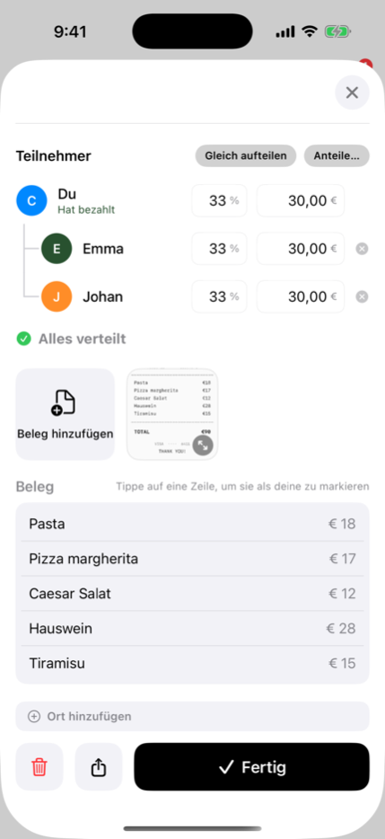 Ein gescannter Beleg mit allen erfassten Positionen