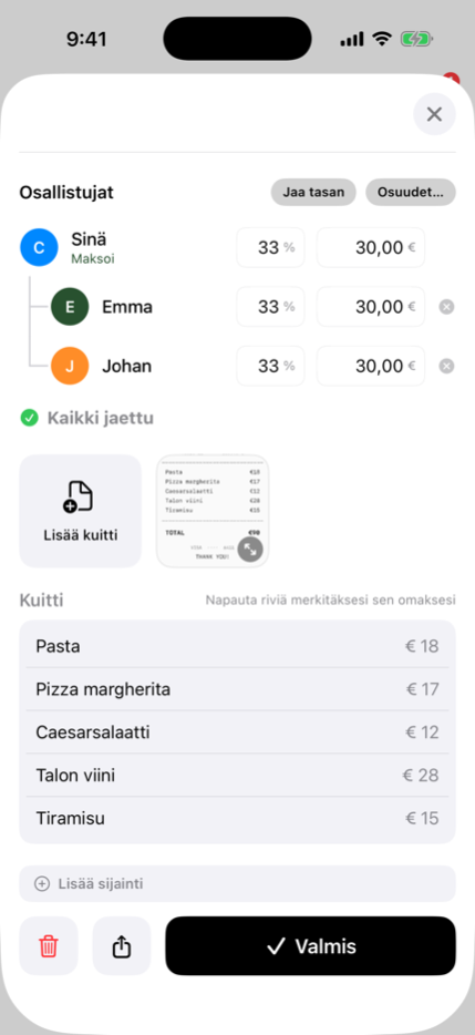 Luettu kuitti, jonka jokainen rivi on tunnistettu